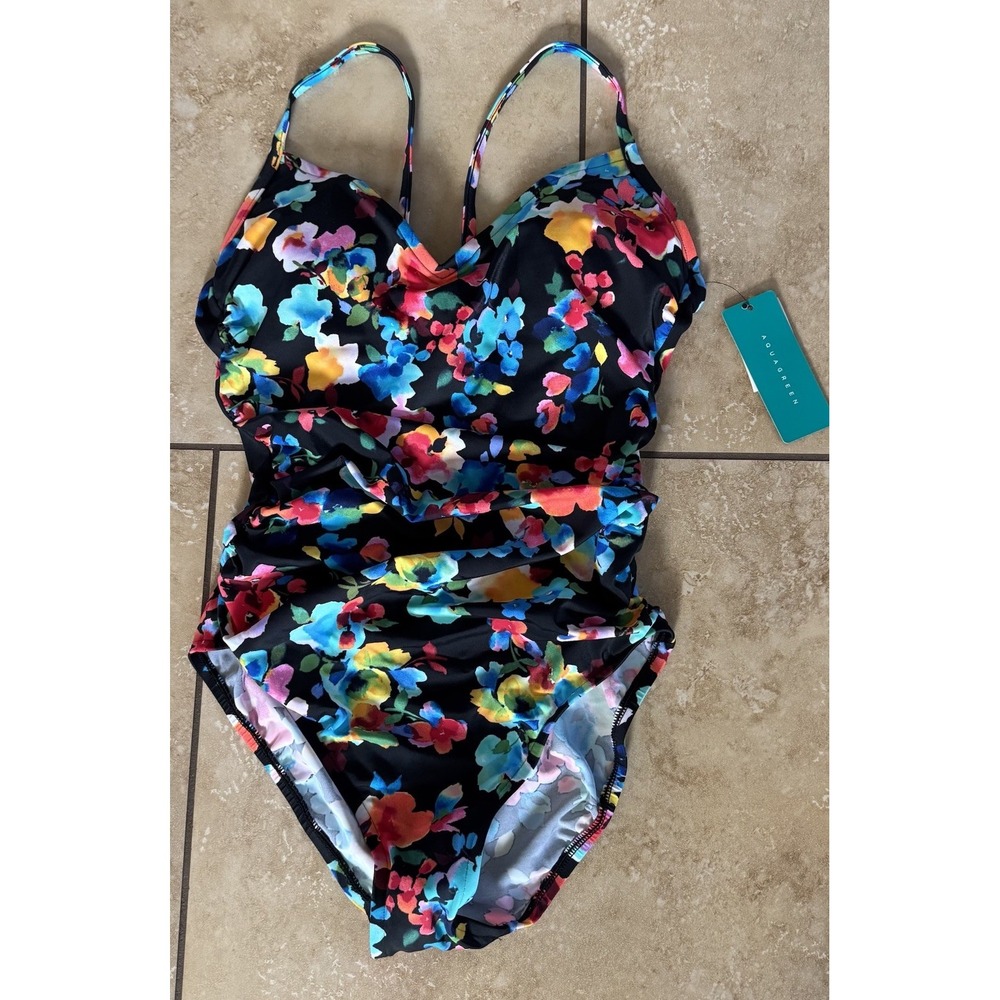 AquaGreen One‎ Piece Swimsuit Women Medium M Floral UPF 50 Ring Back NEW